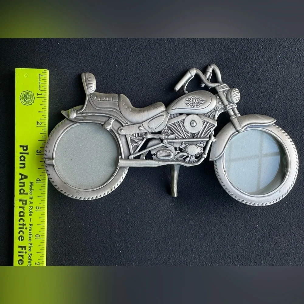 Pewter Harley Motorcycle Picture Frame Holds 2 Photos Signed WF